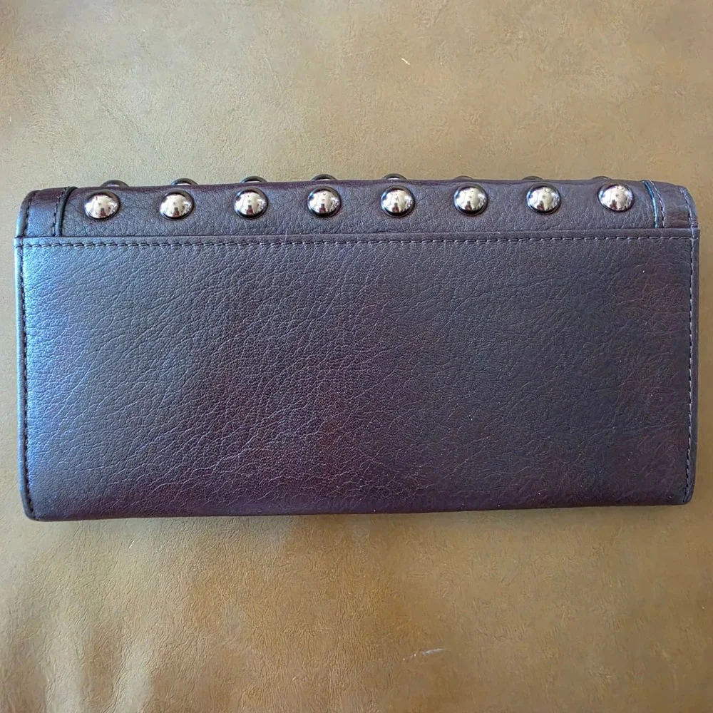 B Makowsky Brown Leather Studded Continental Wallet Leopard Print Lining
